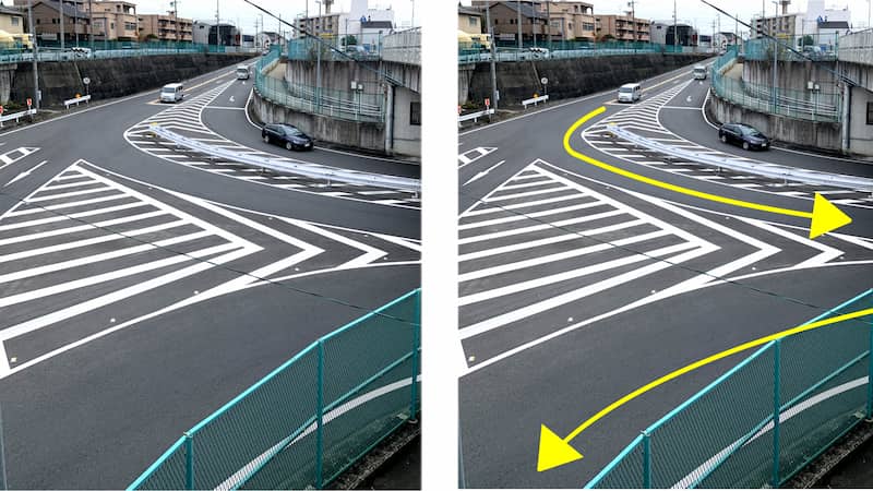 大きな交差点のゼブラゾーン(導流帯)