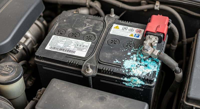 サルフェーションが起こった車のバッテリー