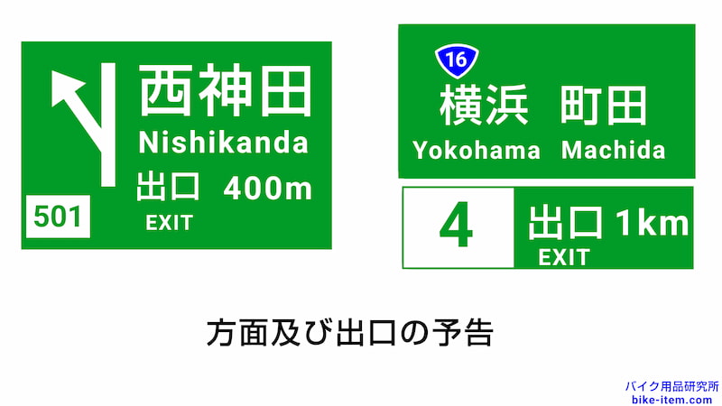 高速道路の案内標識、方面及び出口の予告