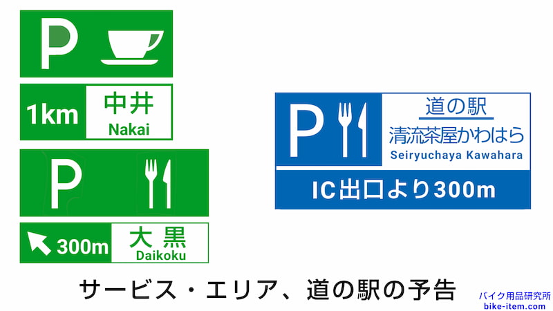 高速道路の案内標識、サービスエリア、道の駅の予告